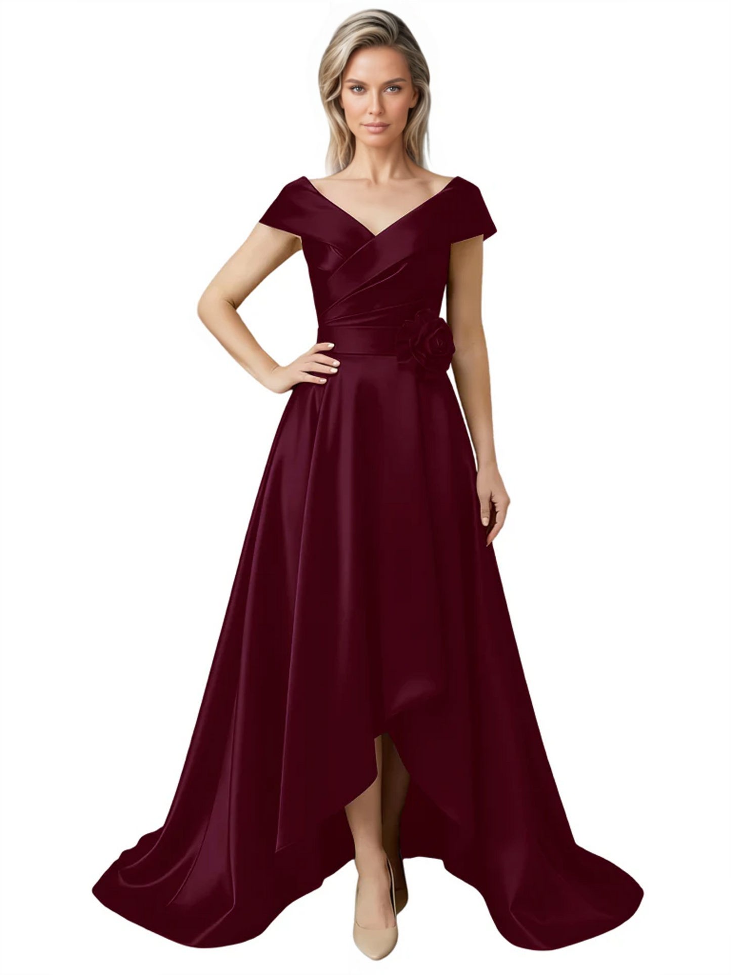 Off Shoulder Mother of the Bride Dress High-Low Satin Gown with Portrait Neckline