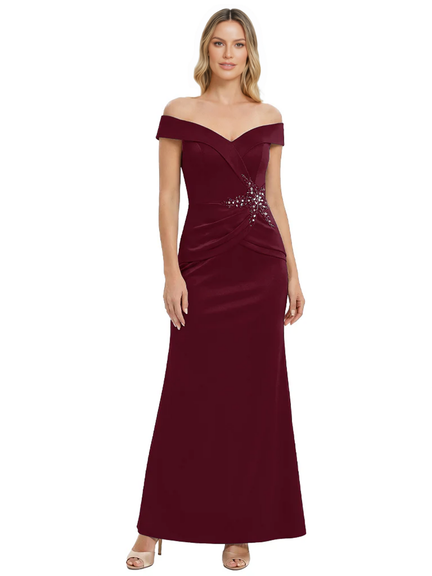 Off Shoulder Mother of the Bride Dress Beaded Waist Satin Gown Portrait Neckline