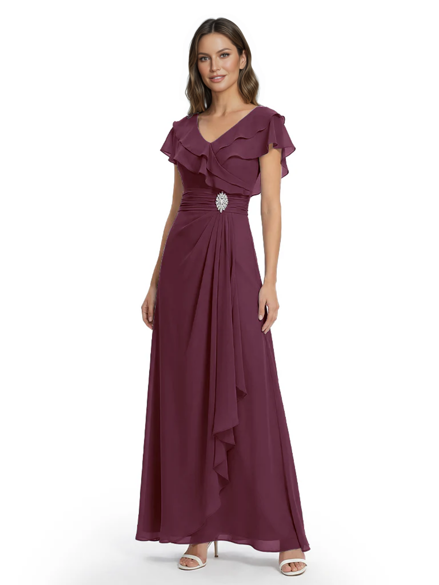 Elegant Mother of the Groom Dress Cascading Ruffle Chiffon Formal Gown Rhinestone