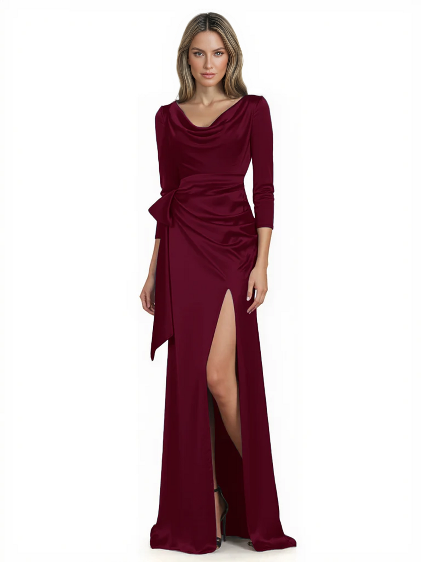 Elegant Evening Gowns Slit Trending Styles Satin Slit Formal Dress Cowl Neckline Gown Tie
