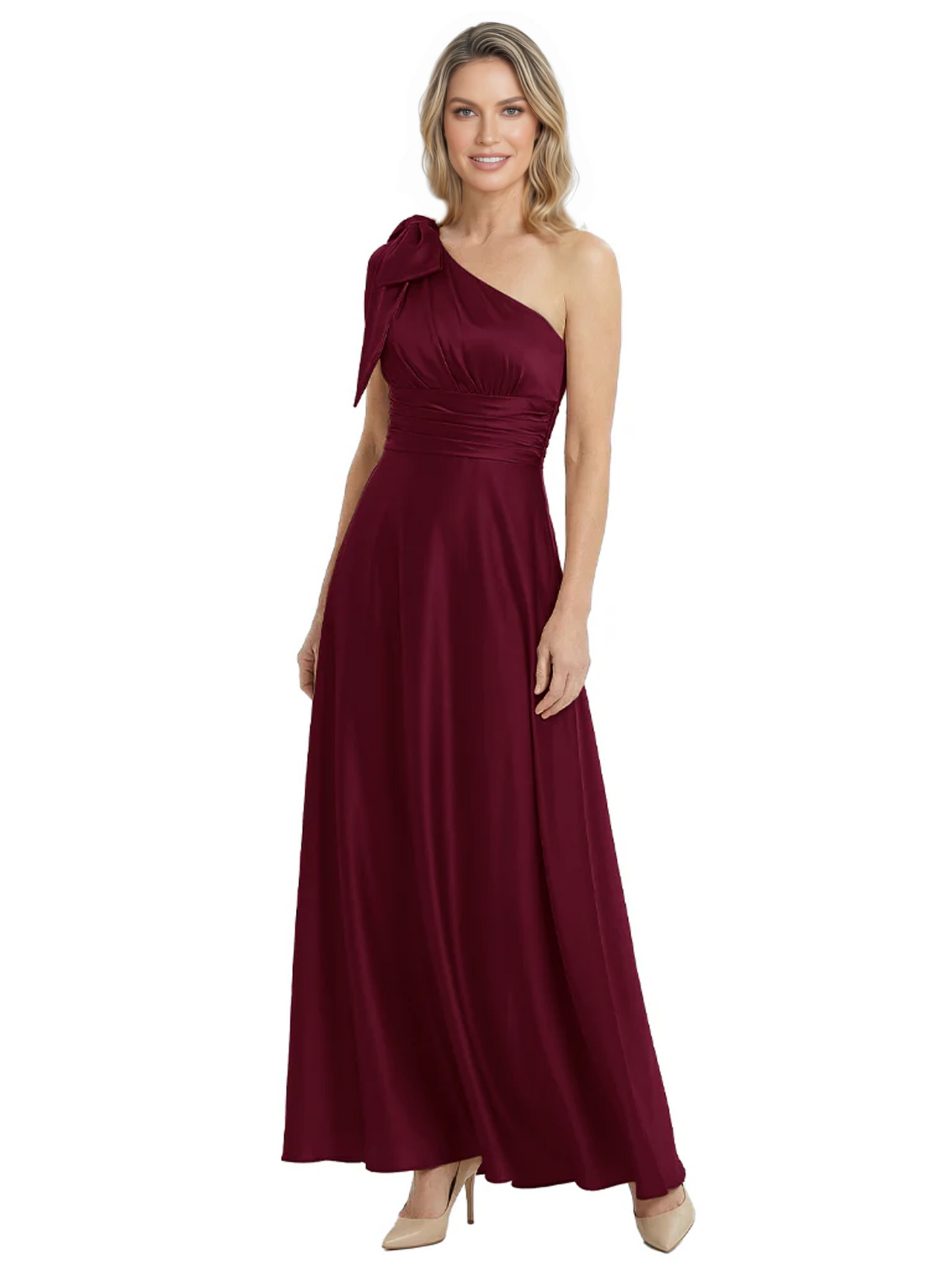 One-Shoulder Mother of the Bride Dress Satin Gown with Bow Ruched Empire Waist