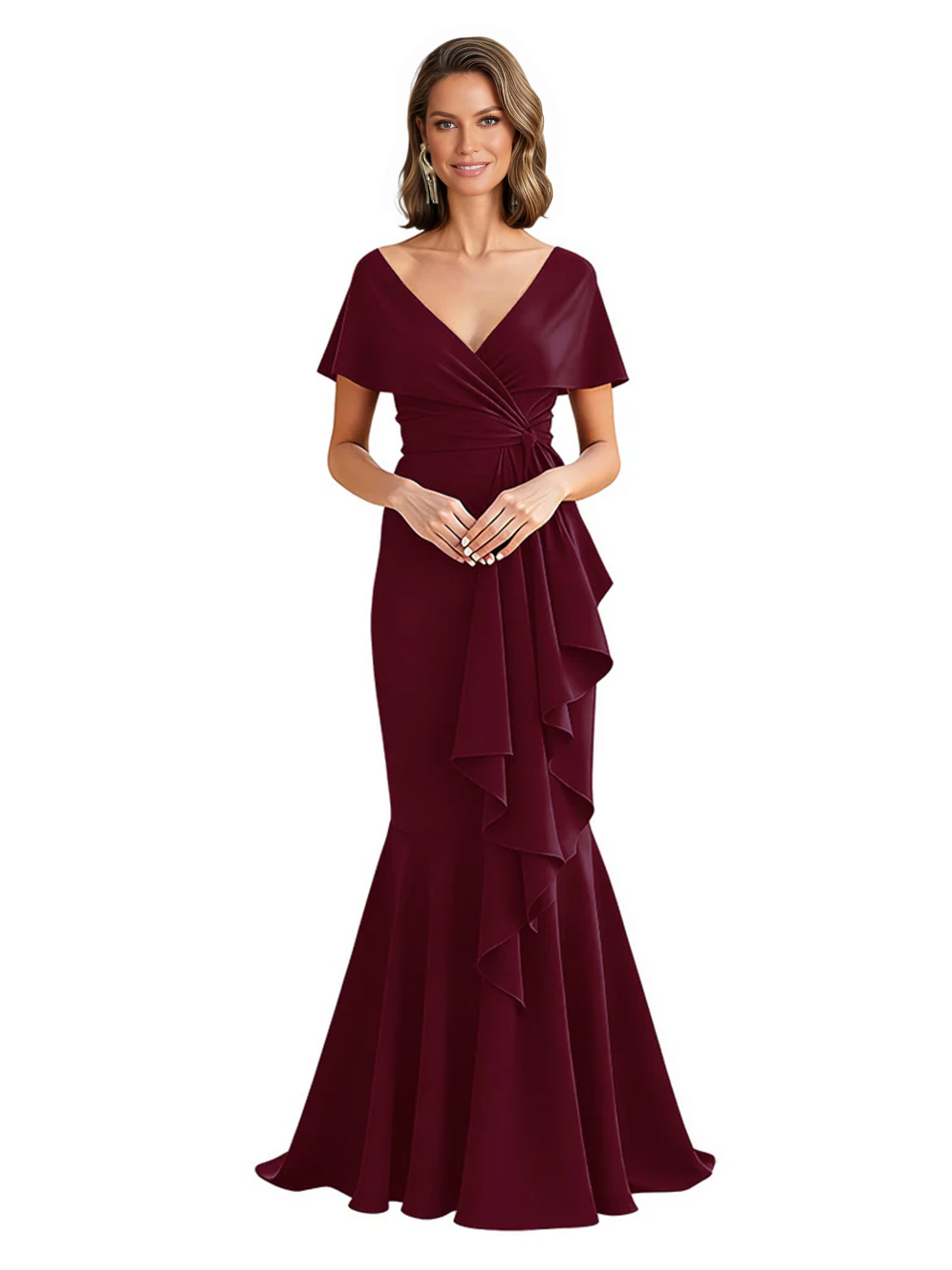 Satin Mother of the Bride Dress with Cascading Ruffles and Mermaid Tail V-Neck