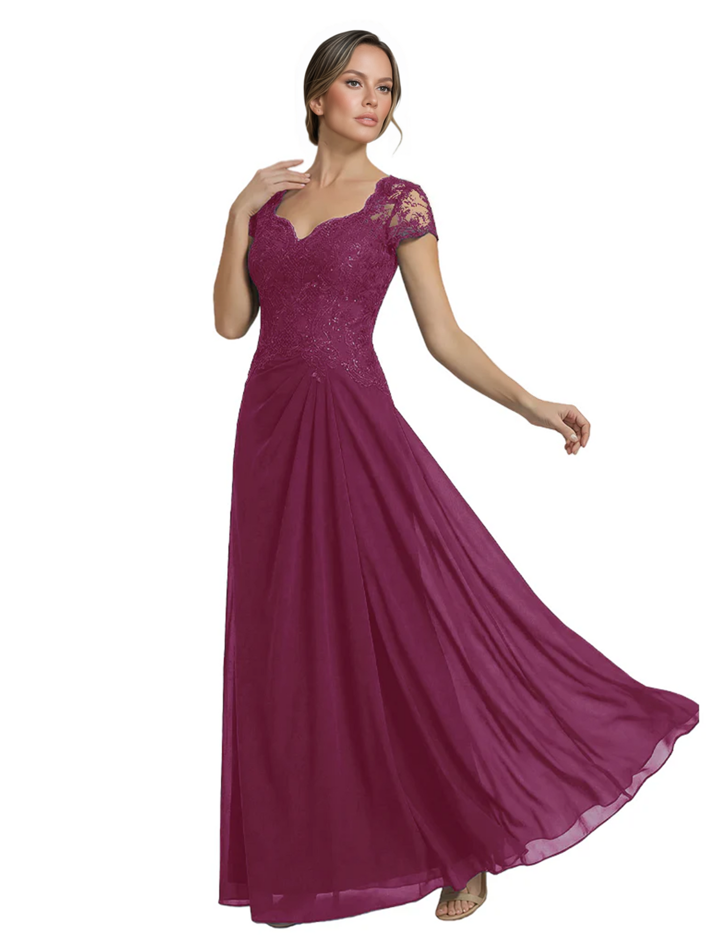 Long A-line Chiffon Short Sleeves Mother of the Brides Dresses Lace Wedding