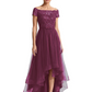 Formal High-Low Mother of the Bride Gown Short Sleeve Lace Maxi Dress with Tiered Skirt
