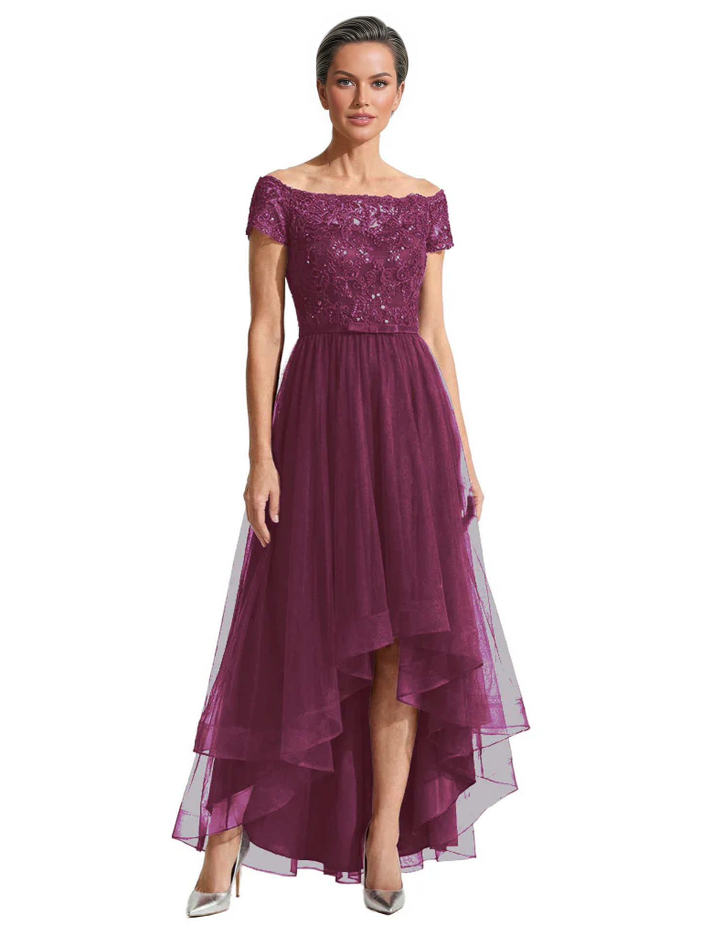 Formal High-Low Mother of the Bride Gown Short Sleeve Lace Maxi Dress with Tiered Skirt