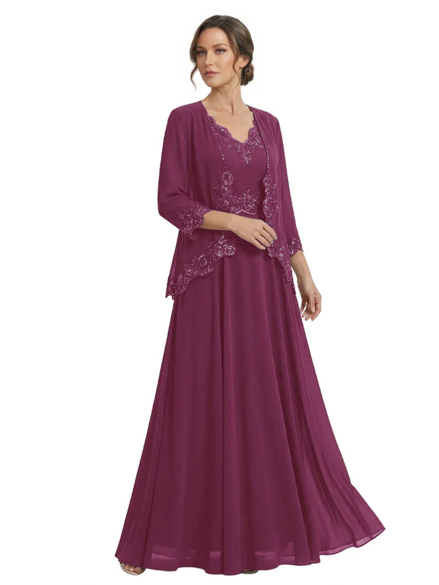 Plus Size A-line Chiffon 3/4 Sleeves Mother of the Brides Dresses Long Jacket Dress