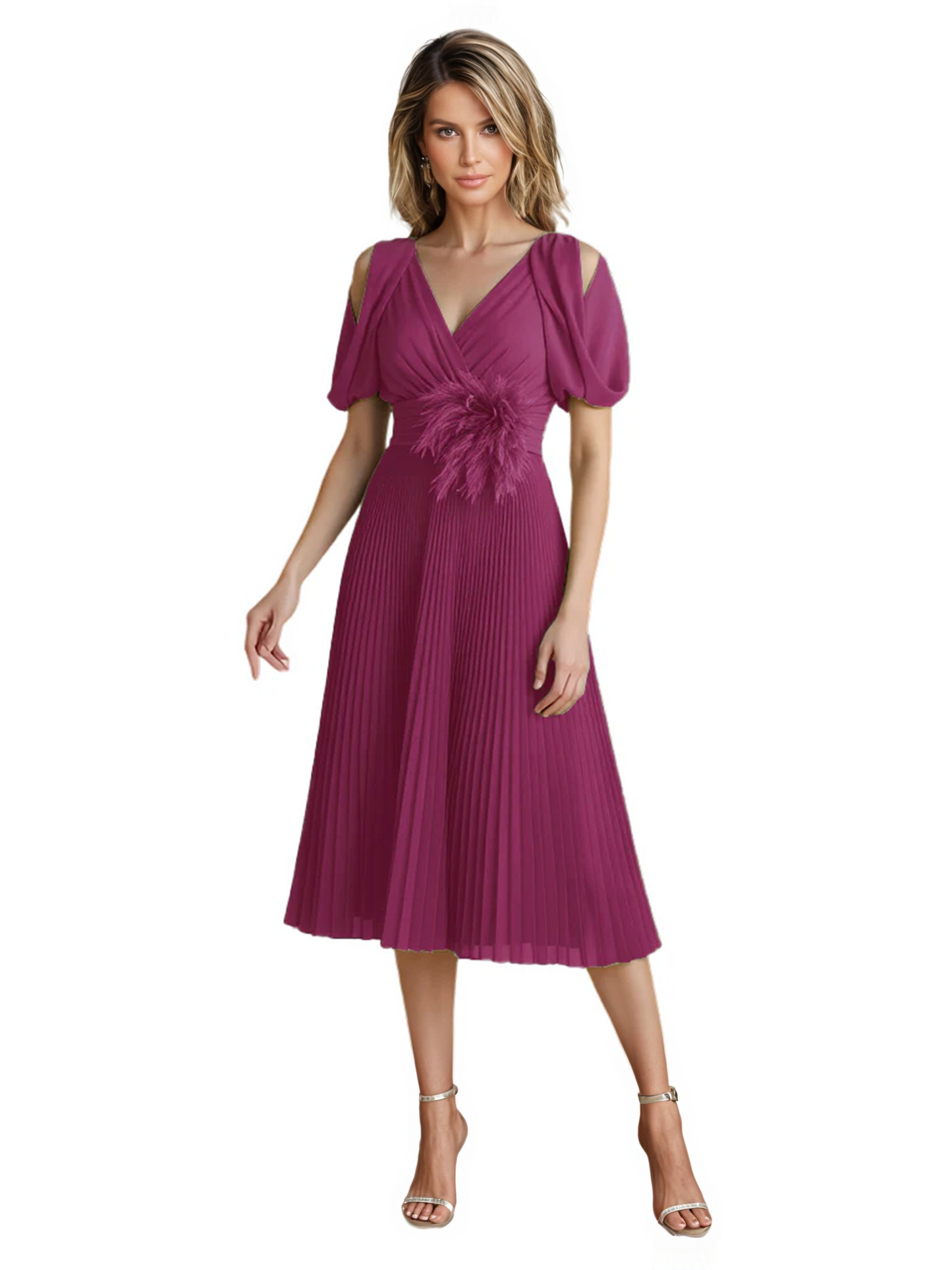 Wedding Formal Dress V-Neck Pleated Chiffon Gown with 3D Flower Accent Knee Length