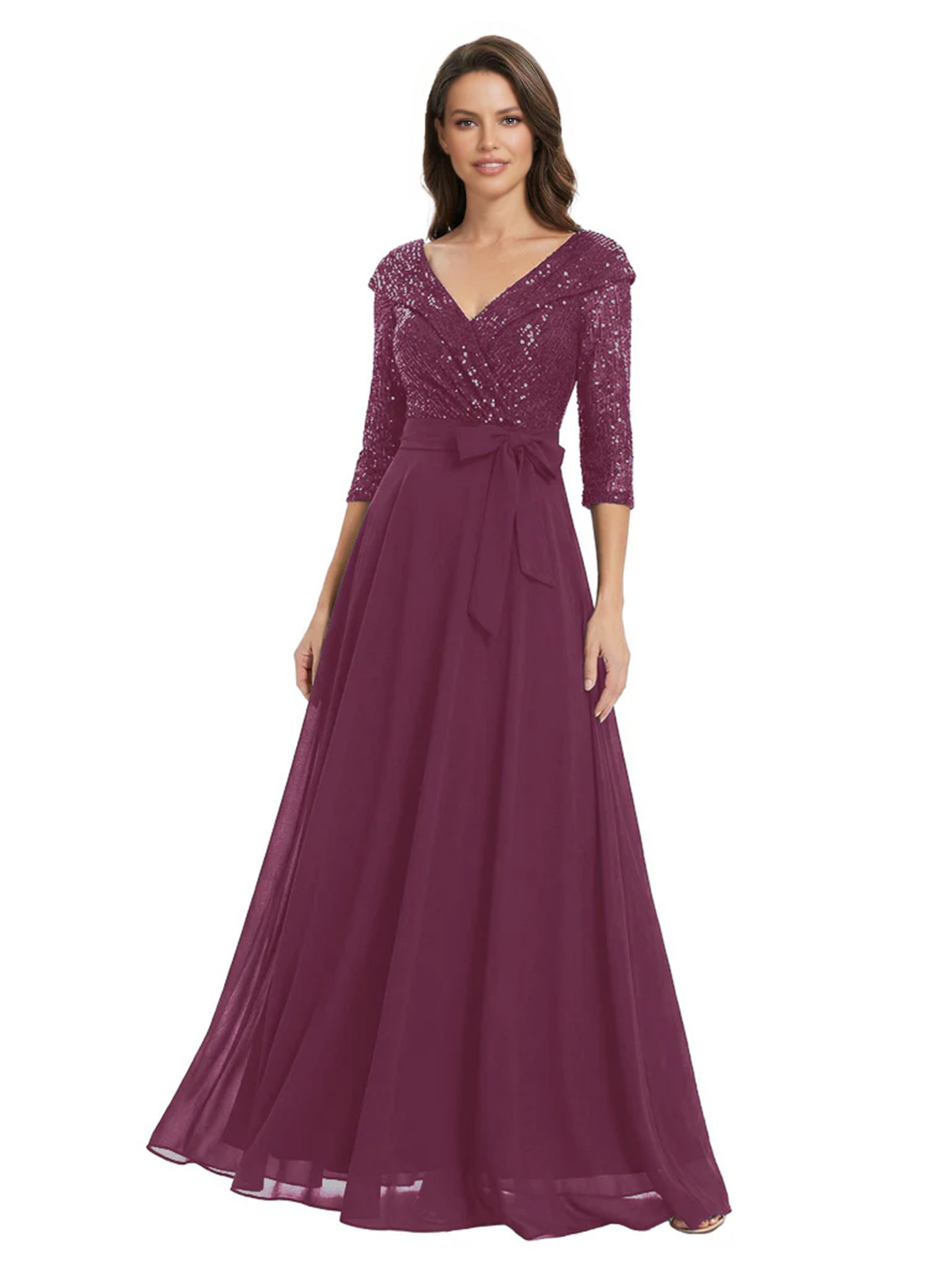 Chiffon Mother of the Bride Dress with Sequin V-Neck and Elegant Bow Sash