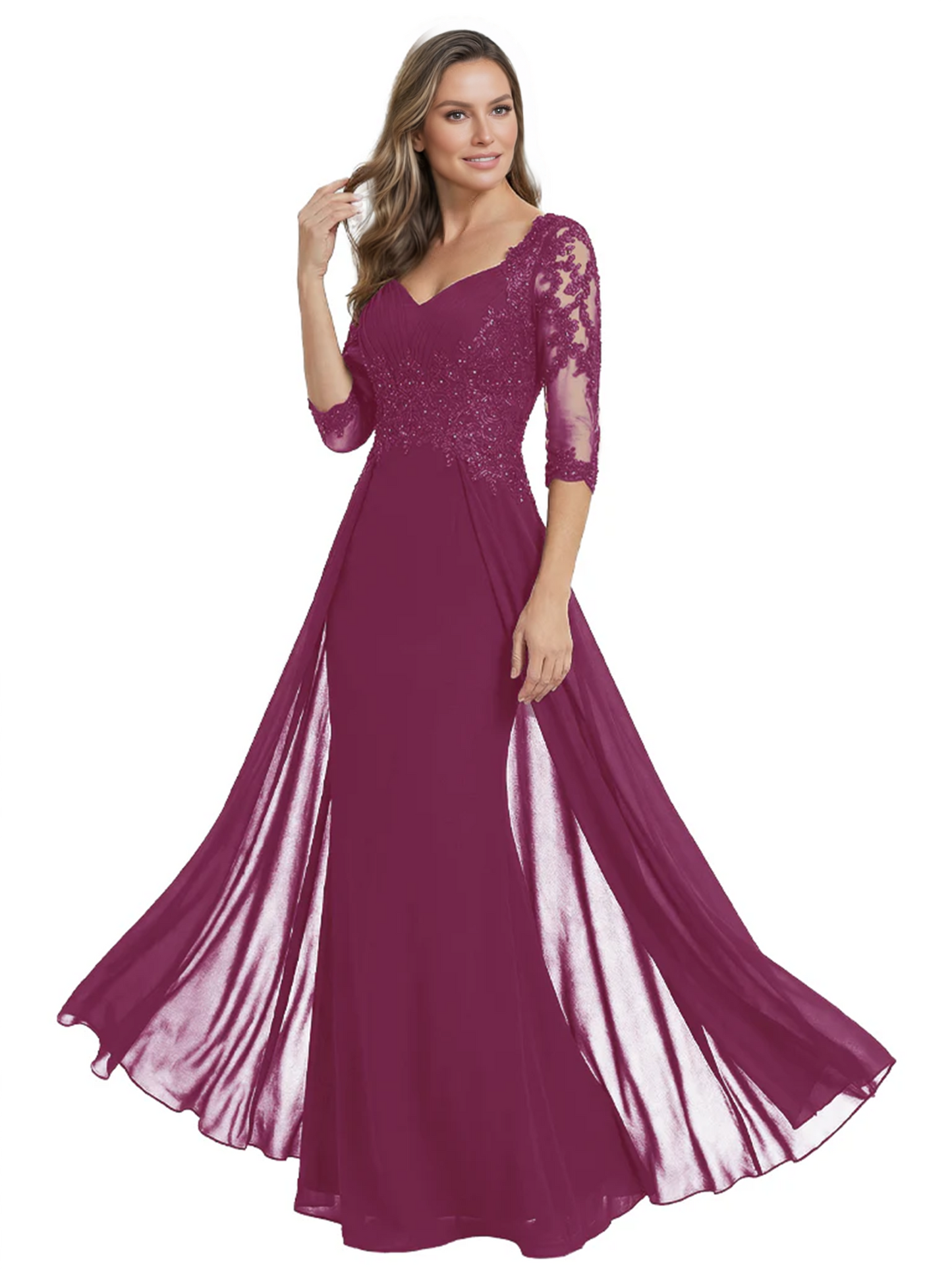 Luxury Burgundy Formal Dress Embroidered Lace Bodice Flowy Chiffon Gown 2026