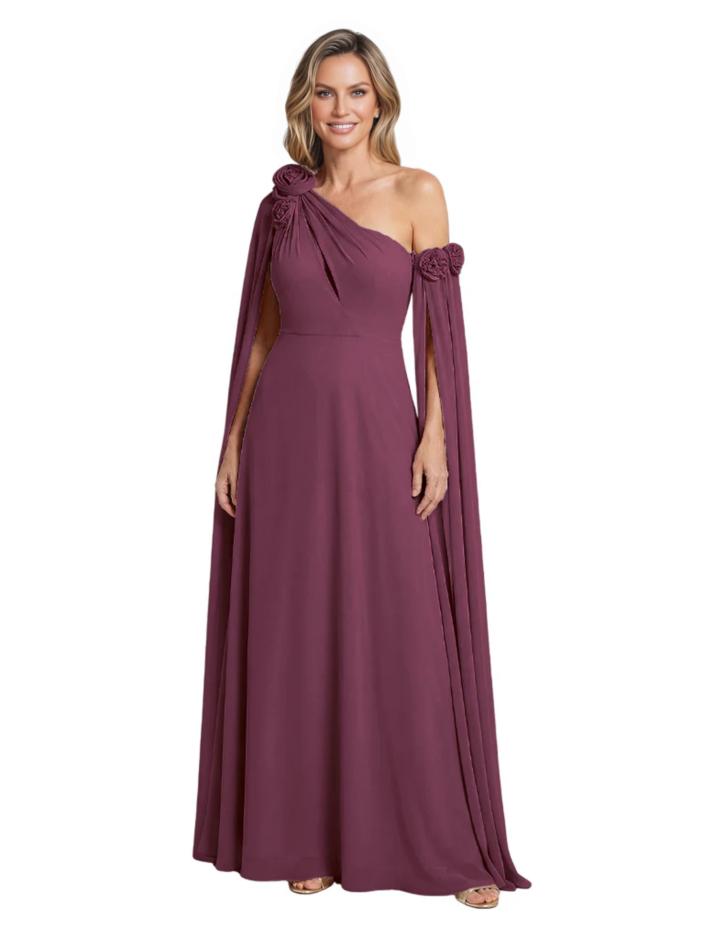 One Shoulder Mother of the Bride Dress Asymmetrical Cape Sleeve Gown with Floral