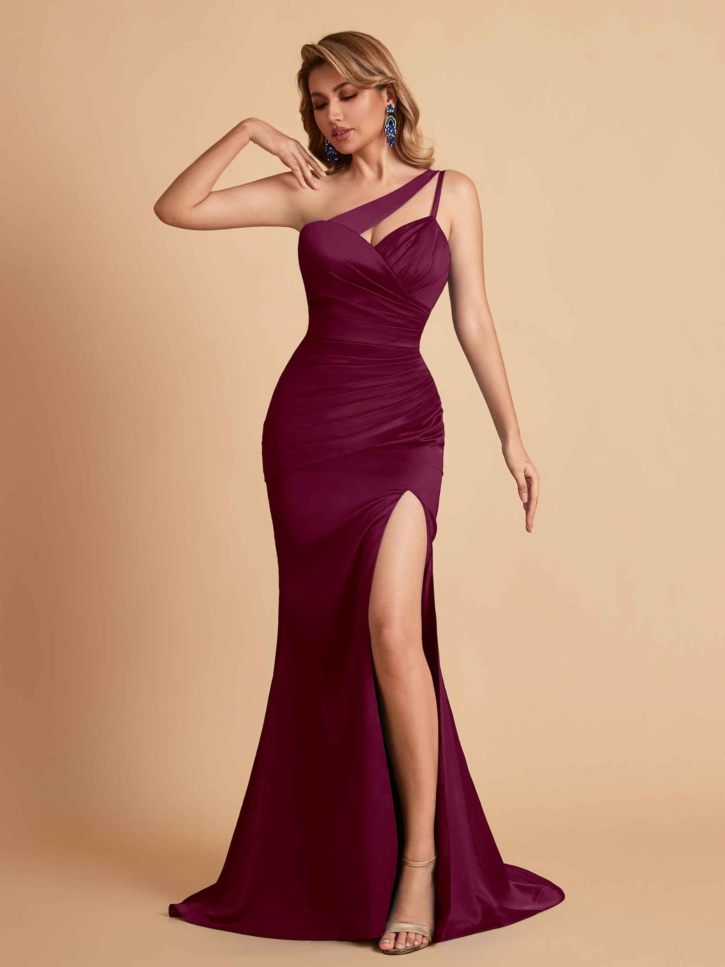 Elegant Satin One Shoulder Mermaid Side Slit Floor Length Bridesmaid Dresses