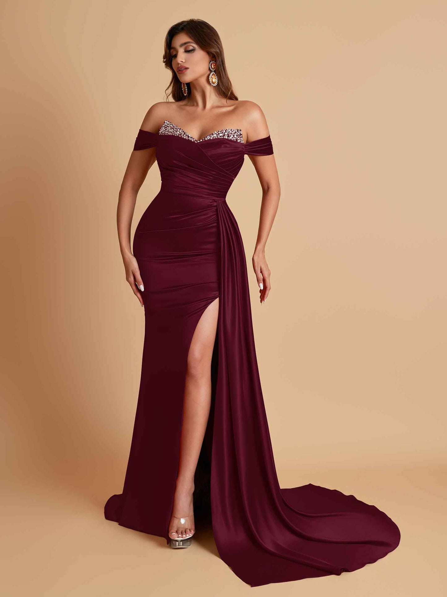 Gorgeous Soft Satin V-neck Off-the-Shoulder Side-Slit Mermaid Bridesmaid Dresses