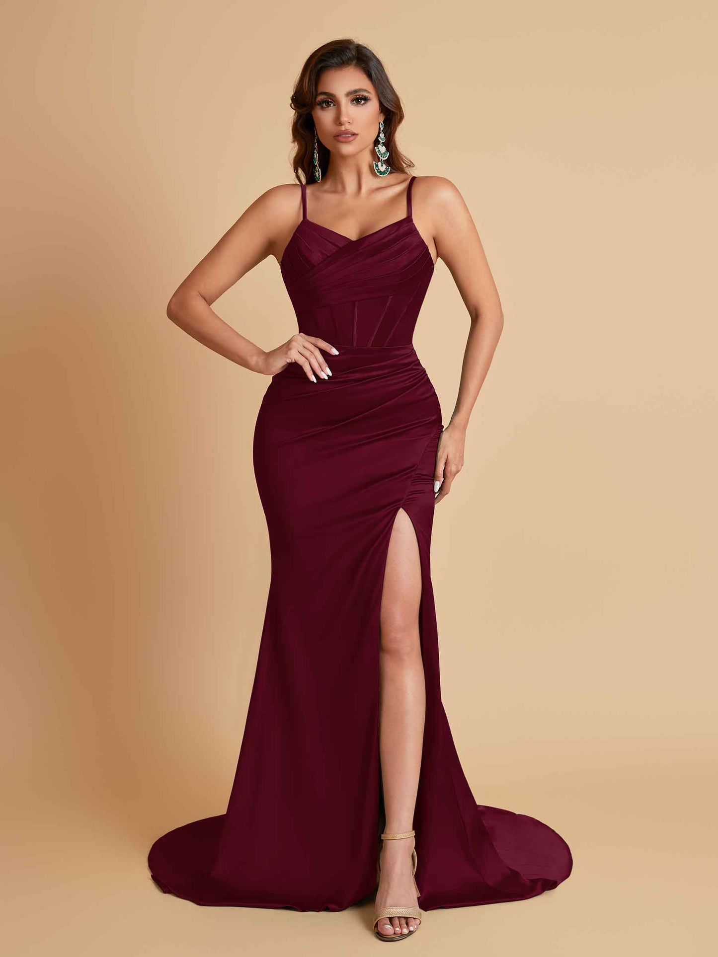 Sexy Spaghetti Straps V Neck Soft Satin Side Slit Floor-Length Mermaid Bridesmaid Dresses
