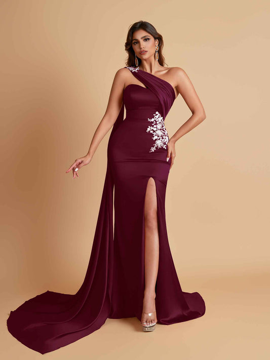 Elegant Soft Satin Sweetheart One Shoulder Side-Slit Mermaid Bridesmaid Dresses