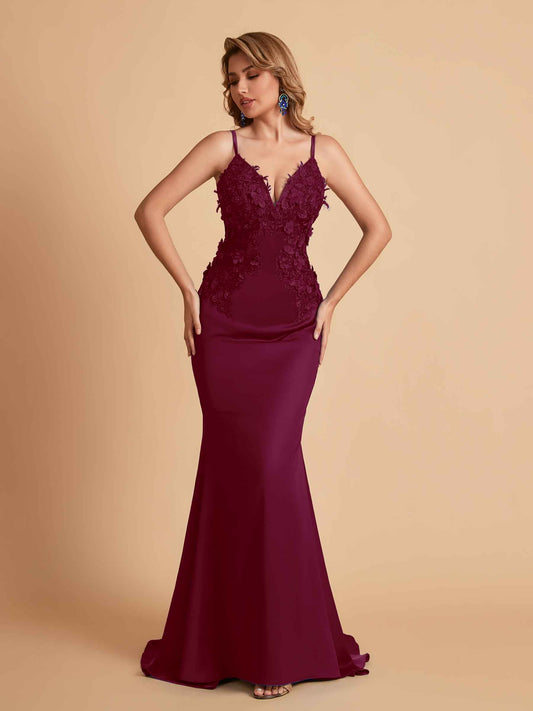 Sexy Satin Spaghetti Straps V-neck Mermaid Floor Length Applique Bridesmaid Dresses
