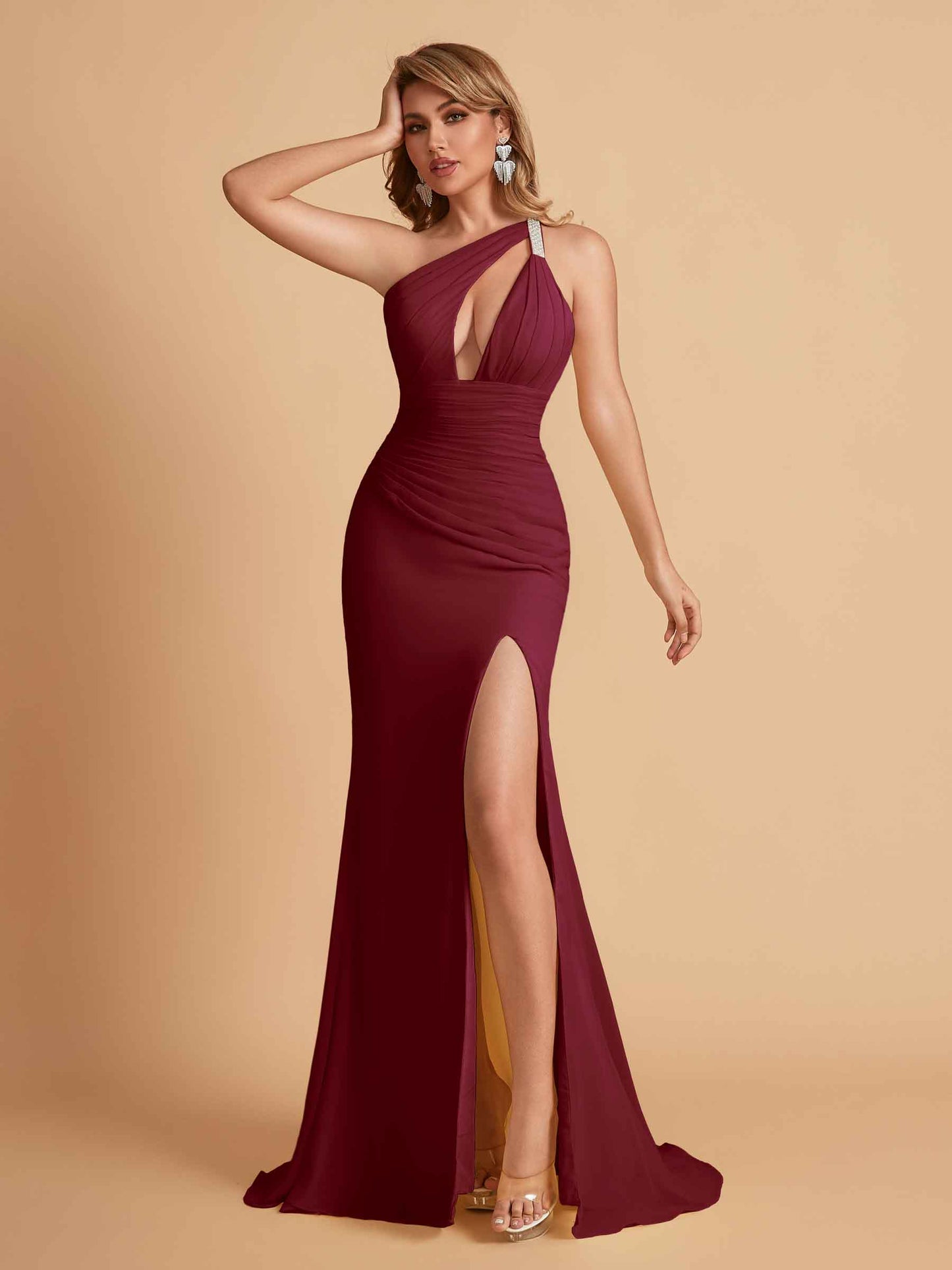 Sexy Mermaid One Shoulder Key Hole Bridesmaid Dresses Floor Length Bridal Party Dresses