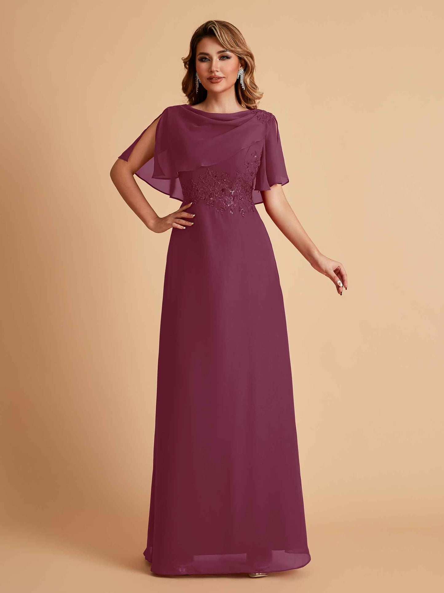 Elegant A-Line Chiffon Half Sleeves Jewel Mother of the Brides Dresses Online