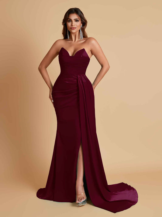 Gorgeous Strapless Soft Satin Side Slit Floor-Length Mermaid Bridesmaid Dresses