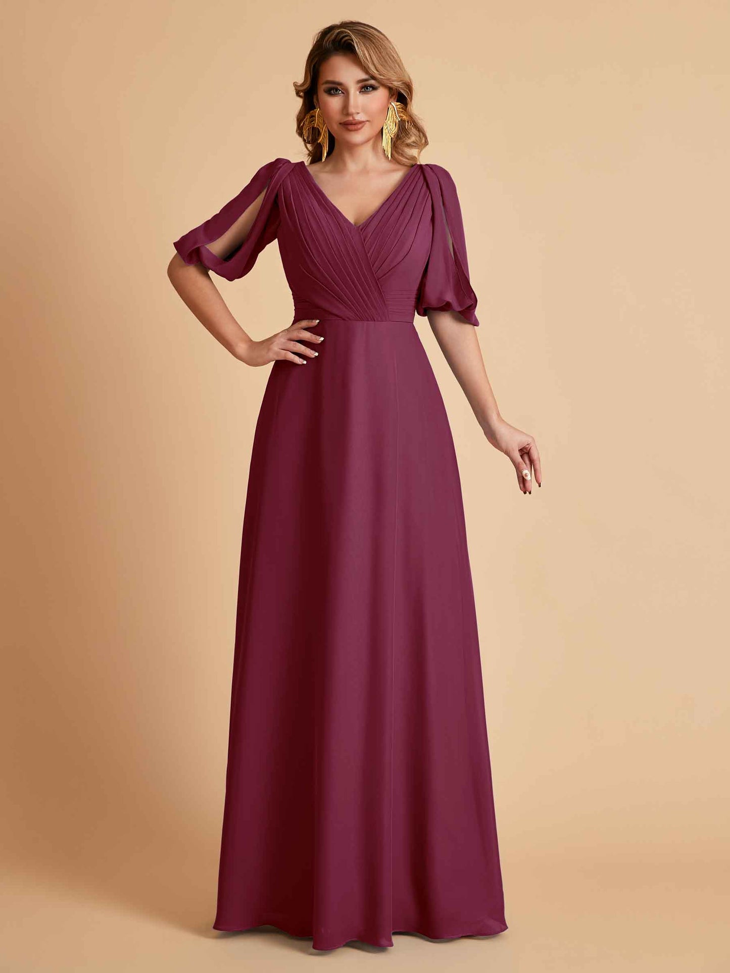 Elegant A-Line Chiffon Half Sleeves V-Neck Mother of the Brides Dresses Online