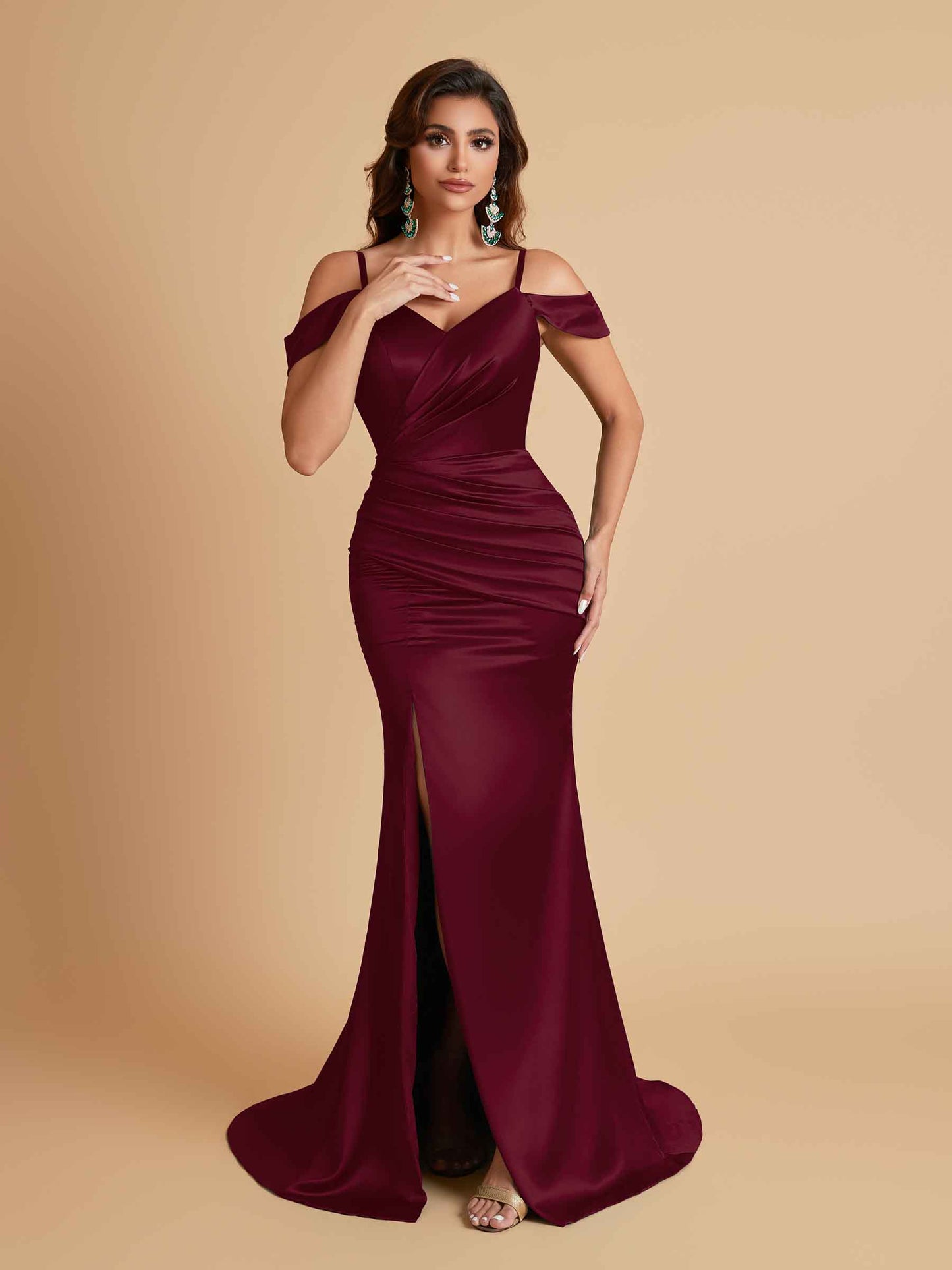Sexy Soft Satin Mermaid Off Shoulder Side Slit Floor-Length Mermaid Bridesmaid Dresses