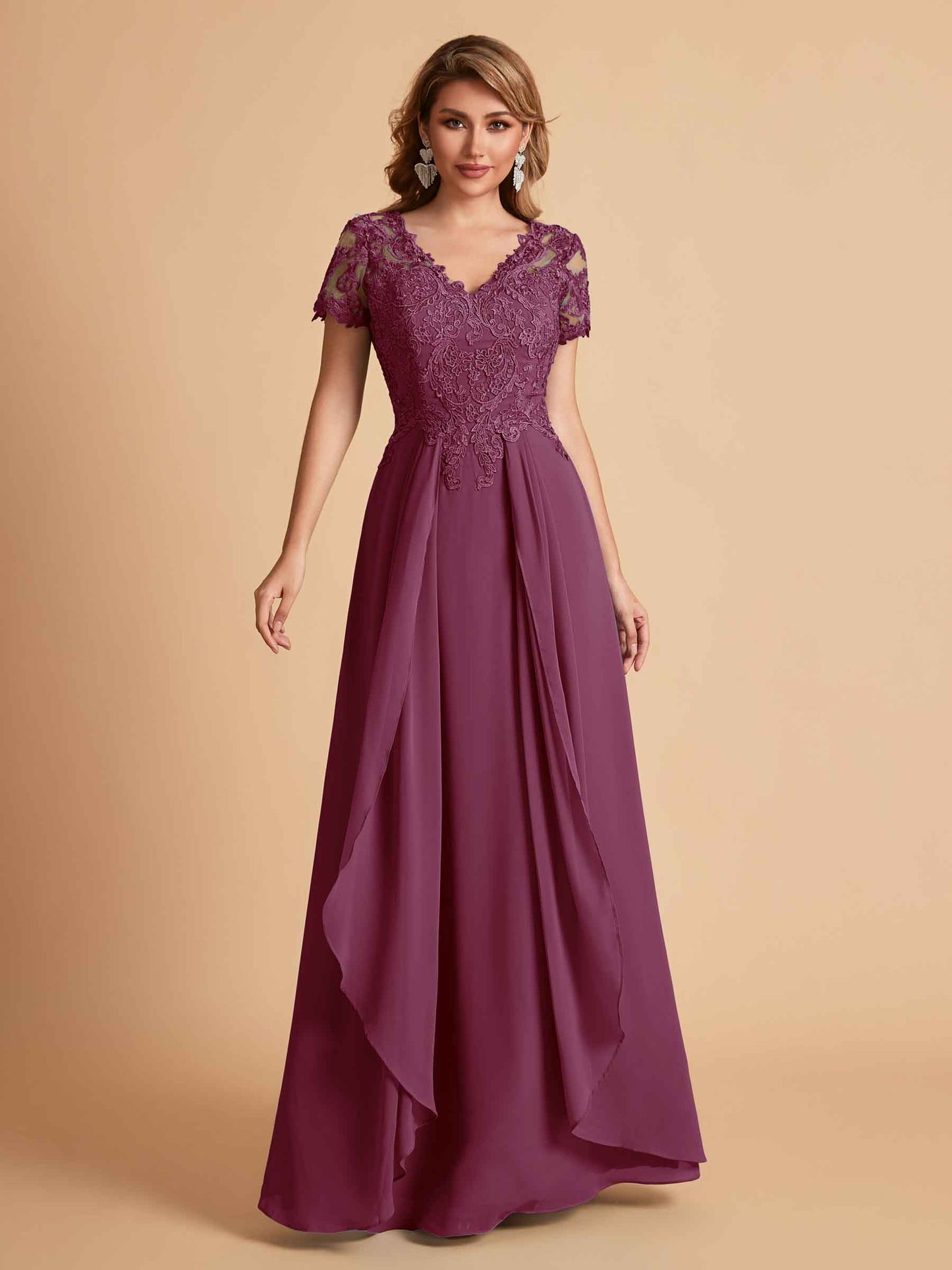Elegant A-Line Chiffon Short Sleeves V-neck Mother of the Brides Dresses Lace Top MOB Dresses