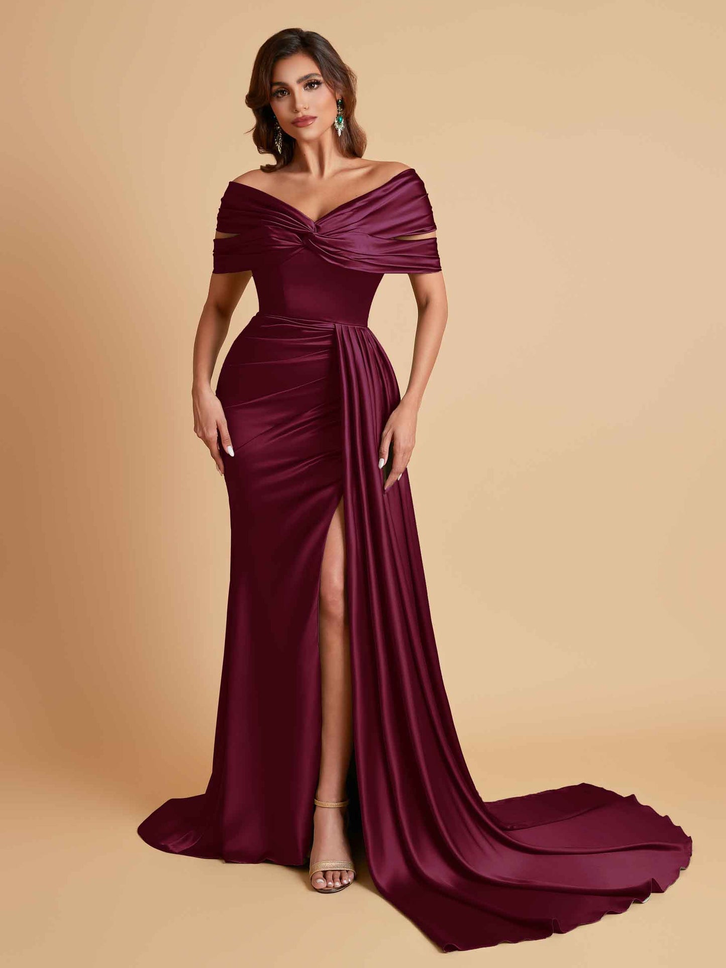 Elegant Soft Satin V-neck Off-the-Shoulder Side-Slit Mermaid Bridesmaid Dresses
