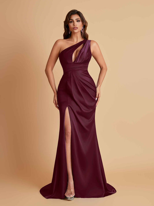 Sexy One Shoulder Soft Satin Side Slit Floor-Length Mermaid Bridesmaid Dresses