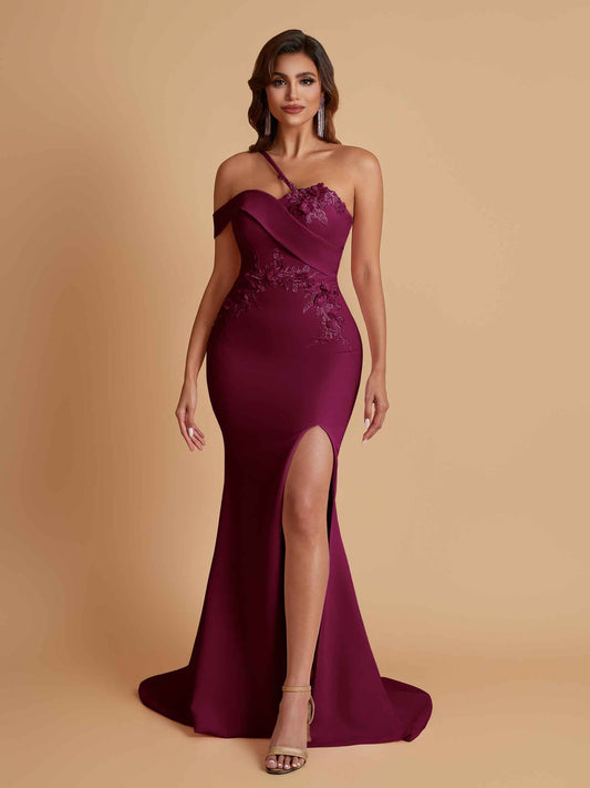 Sexy Soft Satin Mermaid One Shoulder Asymmetrical Side Slit Floor-Length Bridesmaid Dresses