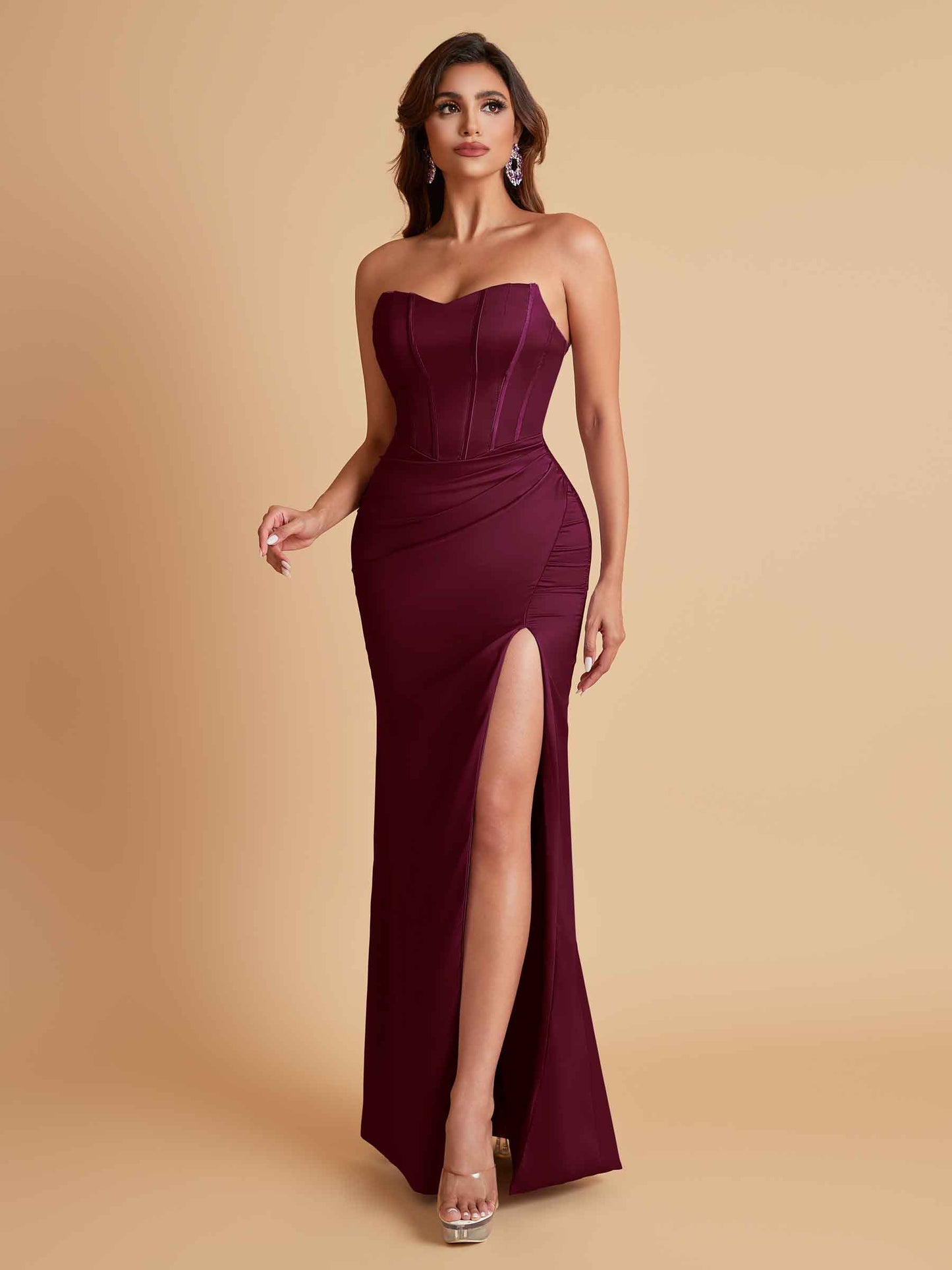 Sexy Strapless Soft Satin Side Slit Floor-Length Mermaid Bridesmaid Dresses