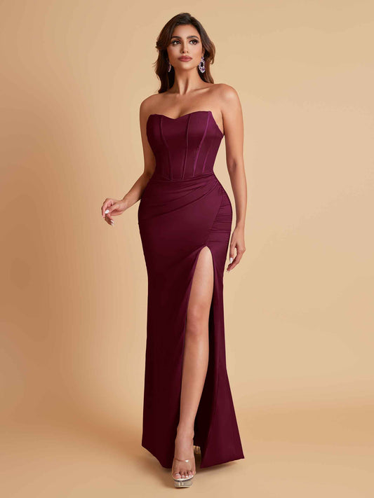 Sexy Strapless Soft Satin Side Slit Floor-Length Mermaid Bridesmaid Dresses