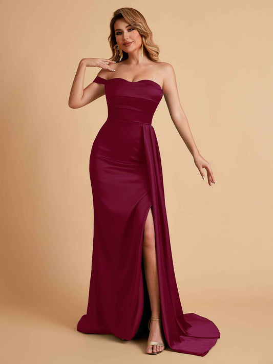 Sexy One-Shoulder Sweetheart With Train With High Split Floor-Length Bridesmaid Dresses