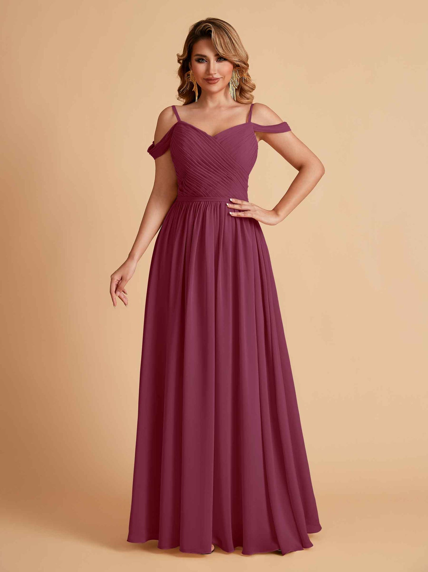 Elegant A-line Chiffon Off The Shoulder V-Neck Bridesmaid Dresses Online