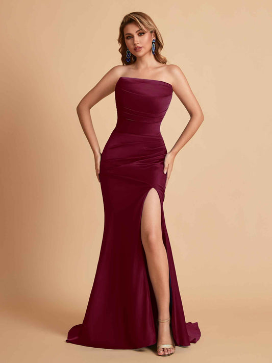 Elegant Satin Straight Neck Mermaid Side Slit Floor Length Bridesmaid Dresses