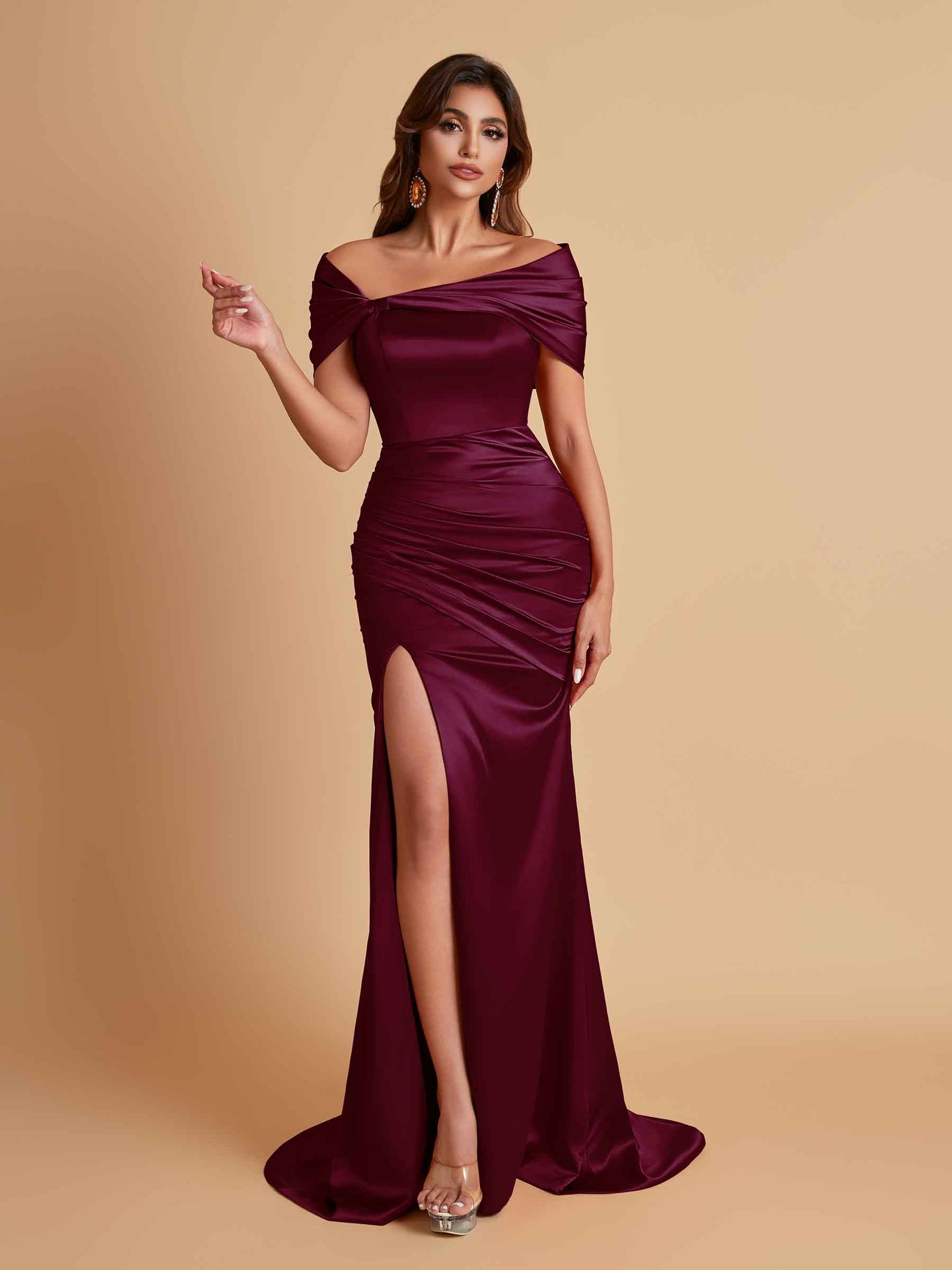Elegant Soft Satin Off-the-shoulder Side-Slit Mermaid Bridesmaid Dresses