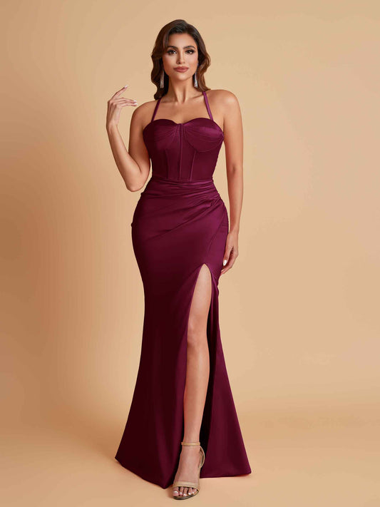 Sexy Soft Satin Mermaid Spaghetti Straps Side Slit Floor-Length Bridesmaid Dresses