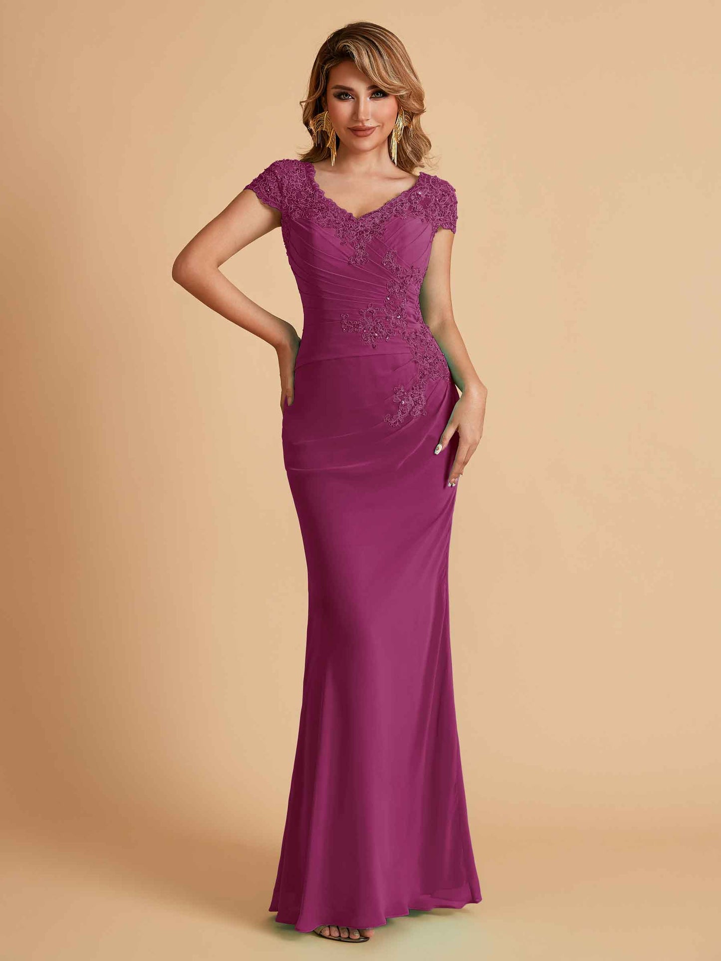 Elegant Mermaid Chiffon Cap Sleeves V-Neck Mother of the Brides Dresses Online