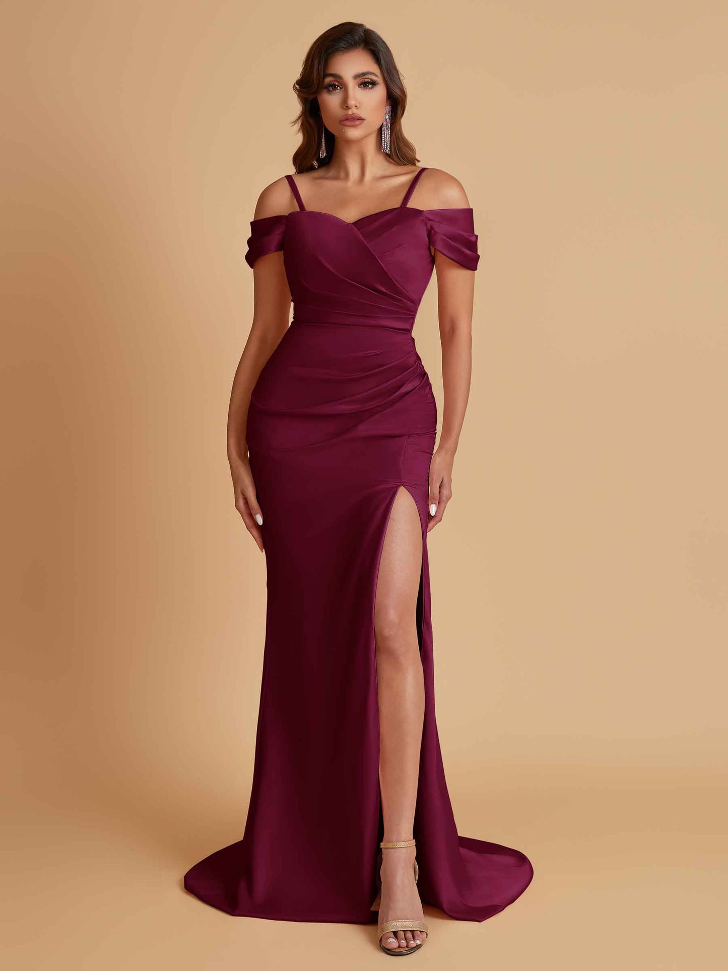 Sexy Soft Satin Mermaid Cold Shoulder Side Slit Floor-Length Bridesmaid Dresses Online