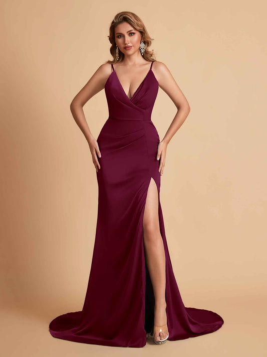 Elegant Satin Spaghetti Straps V-Neck Mermaid Side Slit Floor Length Bridesmaid Dresses