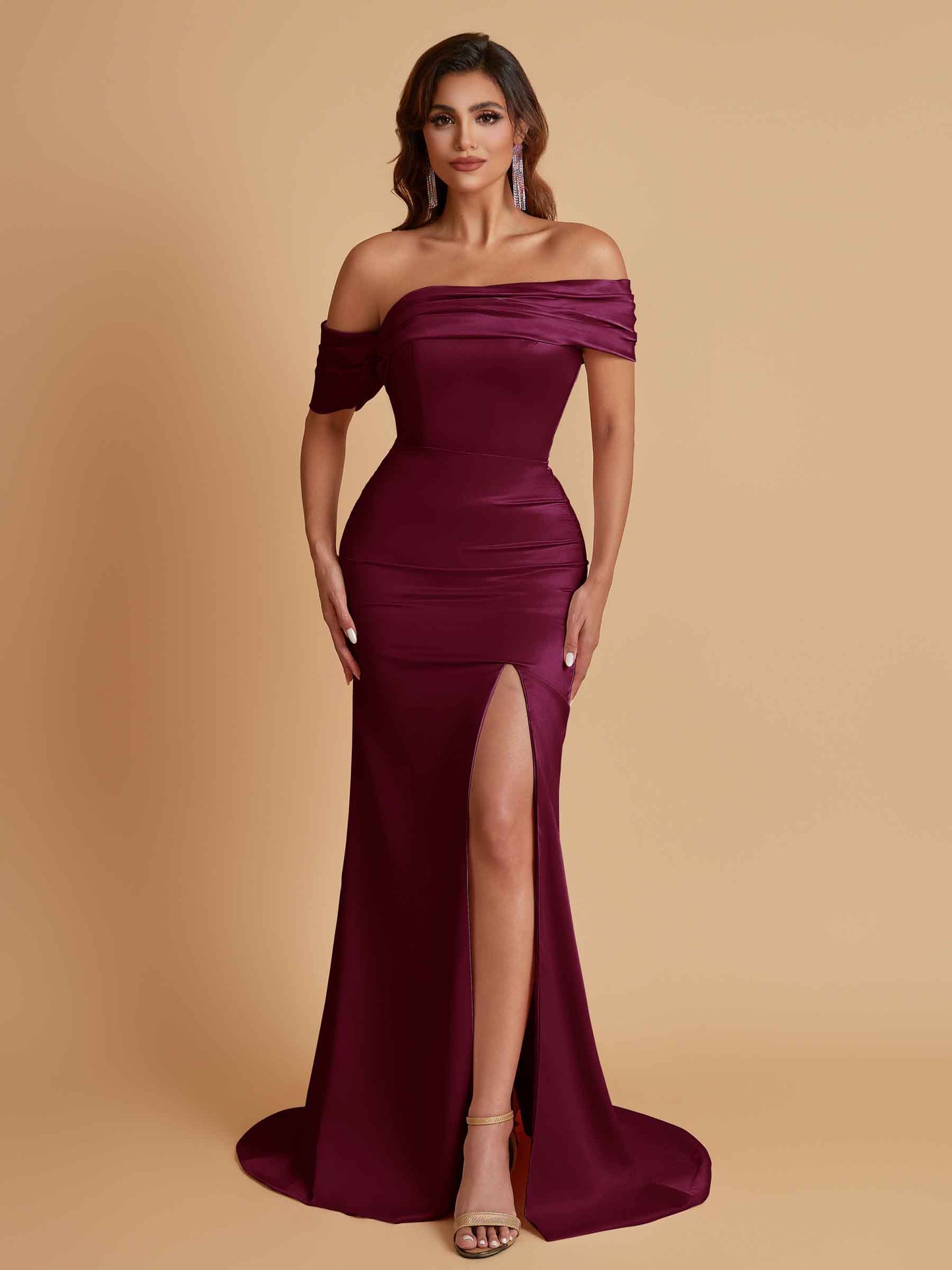 Elegant Soft Satin Mermaid Off Shoulder Asymmetrical Side Slit Floor-Length Bridesmaid Dresses
