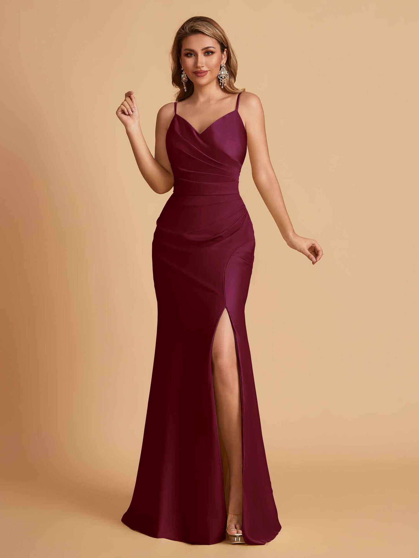 Elegant Satin Spaghetti Straps Mermaid Side Slit Floor Length Bridesmaid Dresses