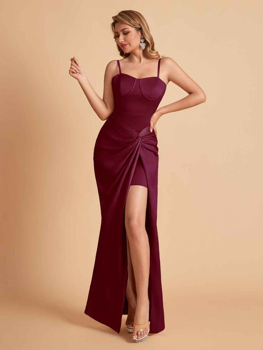 Sexy Satin Spaghetti Straps Mermaid Side Slit Floor Length Pleats Bridesmaid Dresses