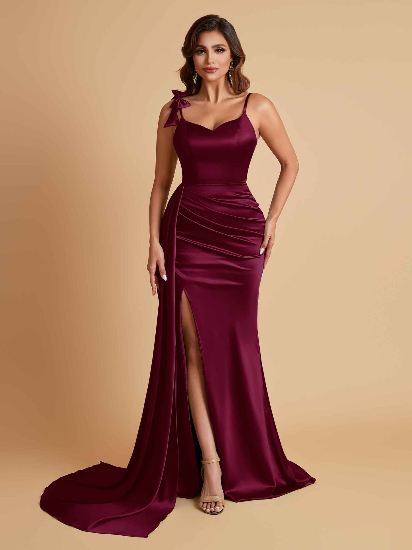 Elegant Soft Satin Mermaid Bowknot Floor-Length Mermaid Bridesmaid Dresses