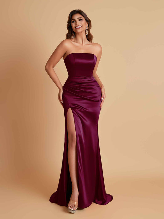 Elegant Soft Satin Strapless Split Side Mermaid Bridesmaid Dresses