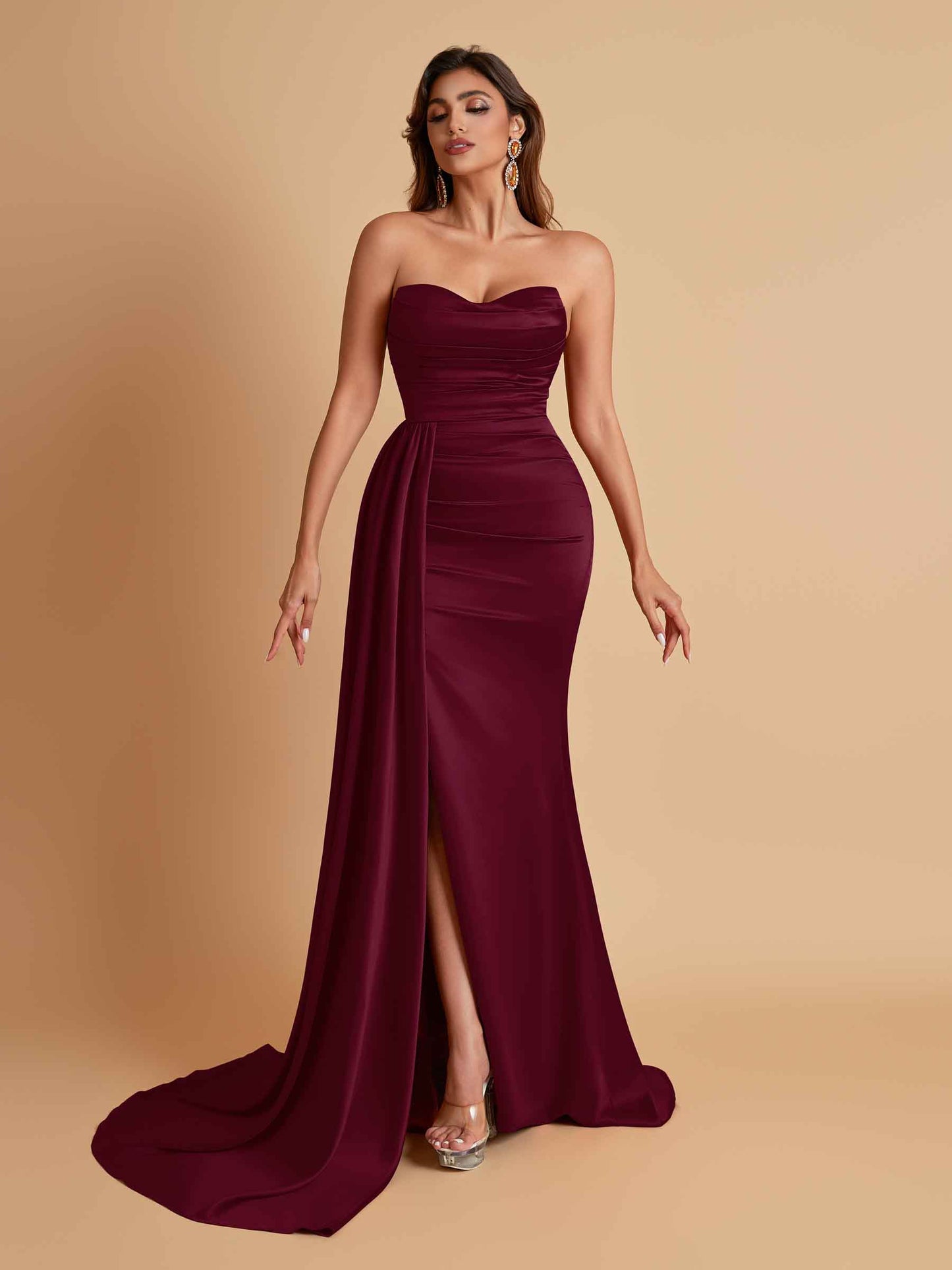 Elegant Soft Satin Sweetheart Strapless Side-Slit Mermaid Bridesmaid Dresses