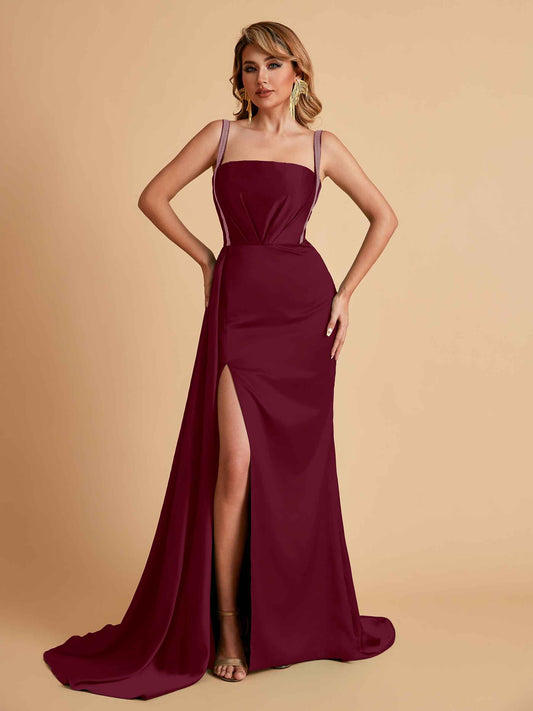 Sexy Satin Mermaid With Train Bridesmaid Dresses Pleats Side-Slit Floor-Length Wedding Guest Dresses