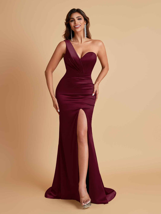 Gorgeous One Shoulder Soft Satin Side Slit Floor-Length Mermaid Bridesmaid Dresses