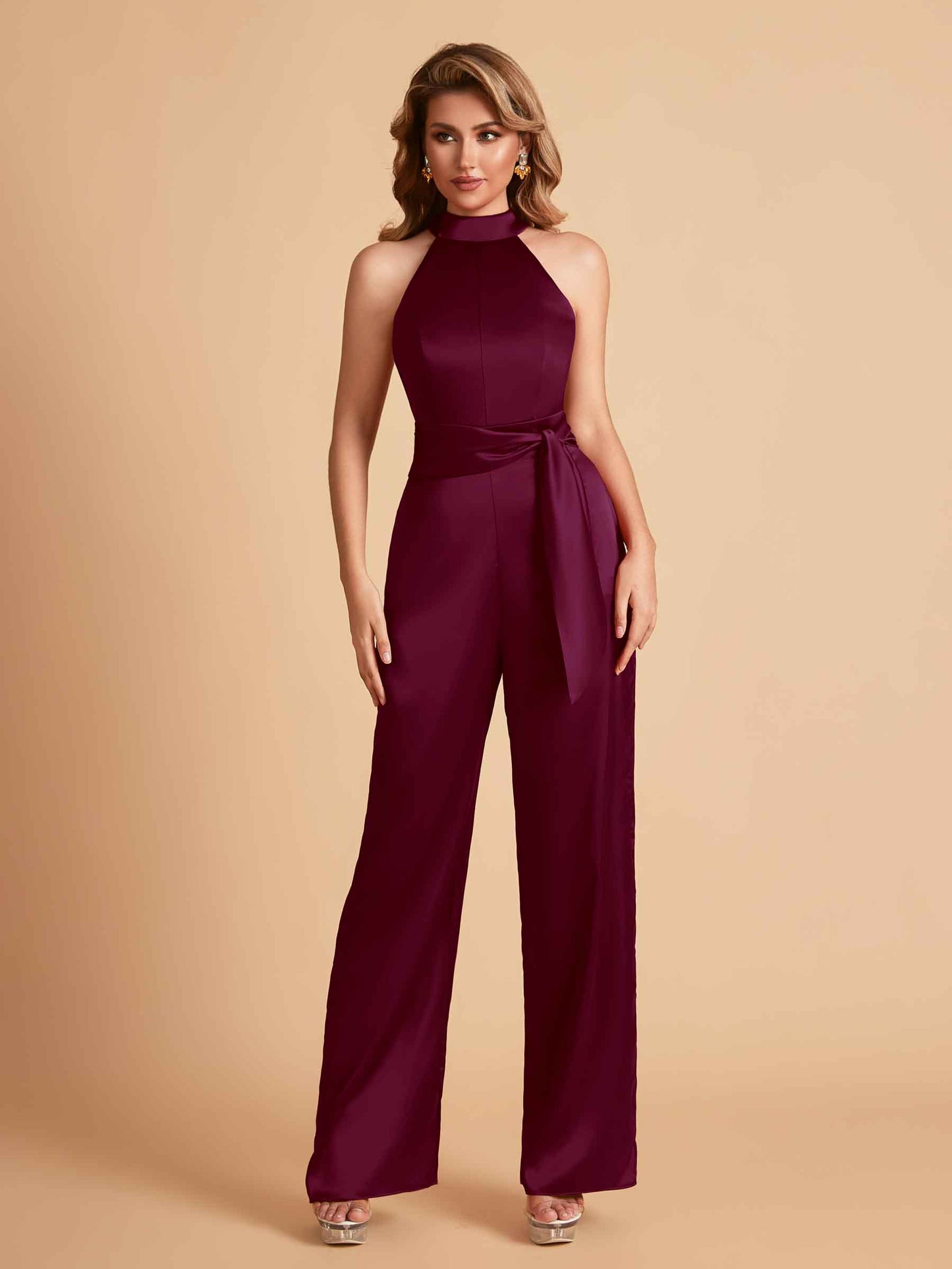 Elegant Satin Halter Sleeveless Satin Floor Length Bridesmaid Jumpsuit