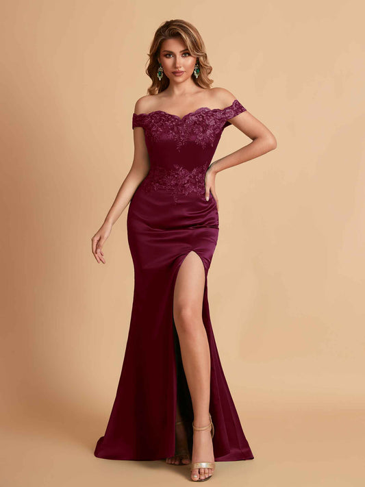 Elegant Satin Off Shoulder Mermaid Side Slit Floor Length Bridesmaid Dresses