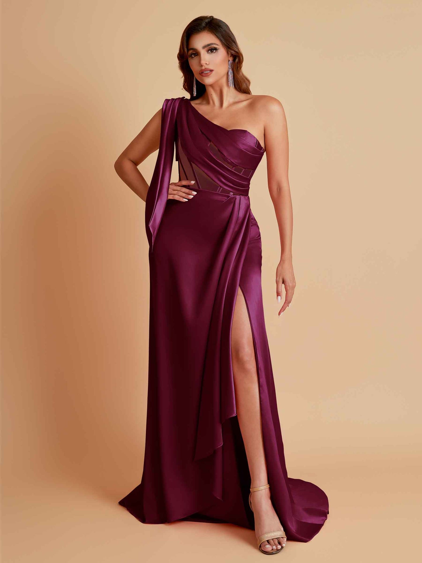 Sexy Soft Satin Mermaid One Shoulder Asymmetrical Side Slit Floor-Length Bridesmaid Dresses