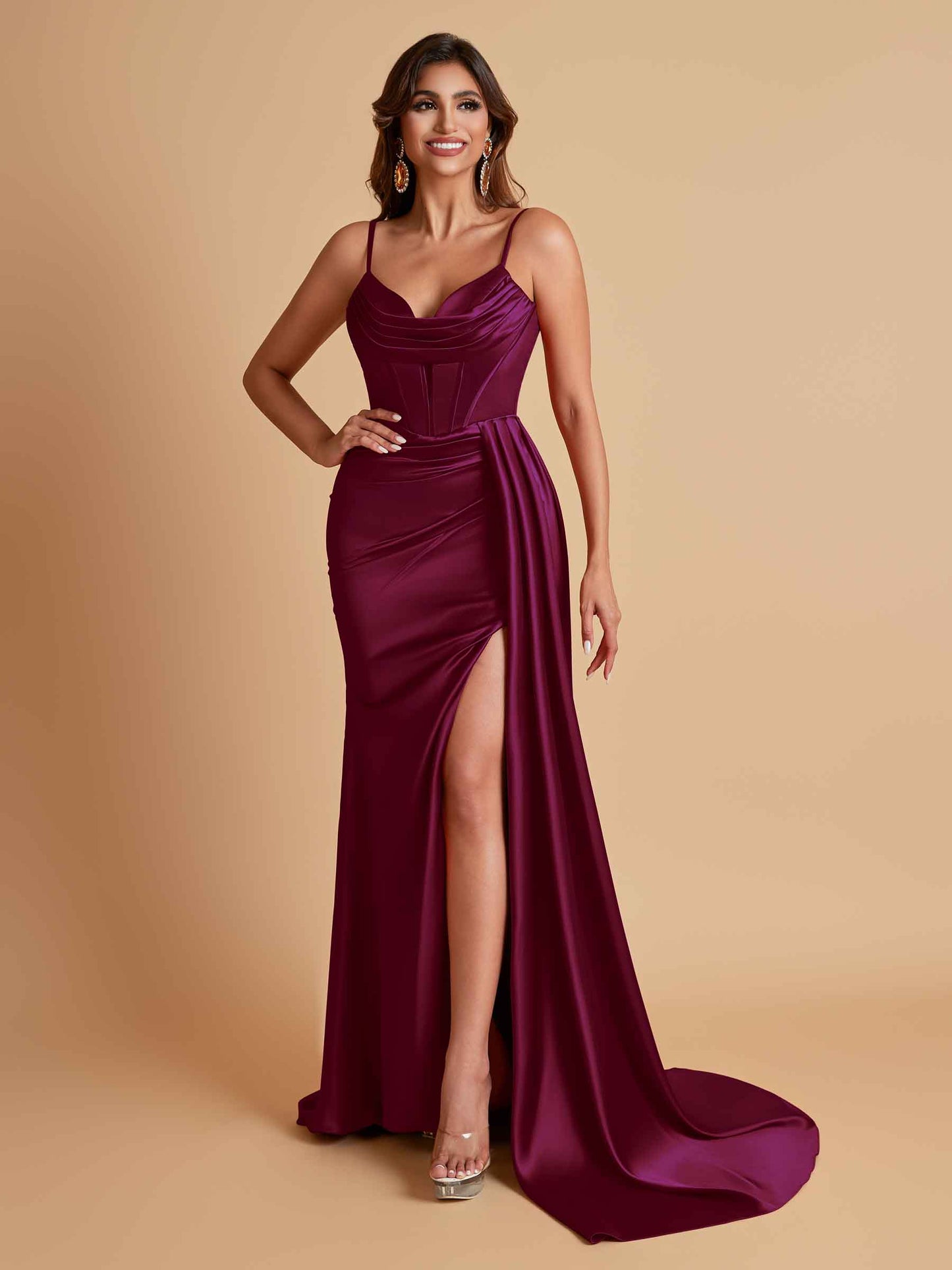 Sexy Soft Satin V-neck Spaghetti Strap Side-Slit Mermaid Bridesmaid Dresses